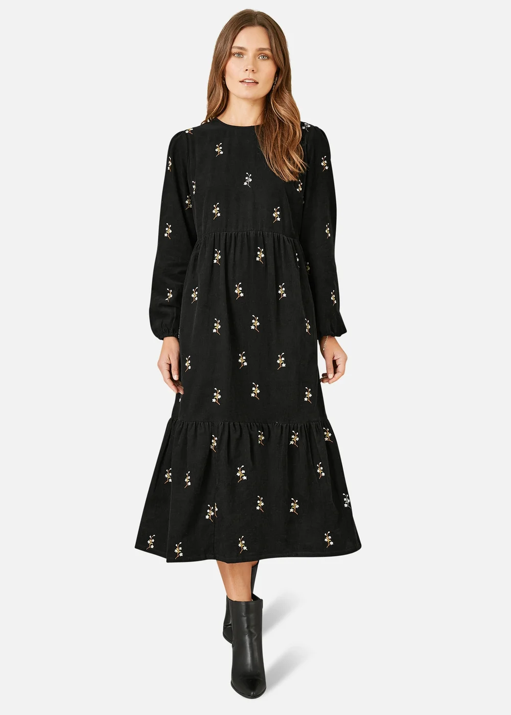 Yumi Black Long Sleeve Midi Dress With Floral Embroidery - 8 Image 1