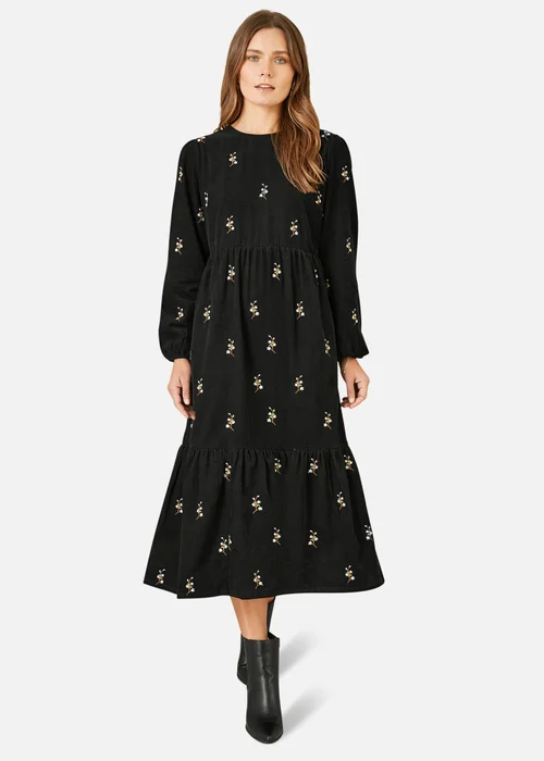 Yumi Black Long Sleeve Midi Dress With Floral Embroidery - 8 Image 1