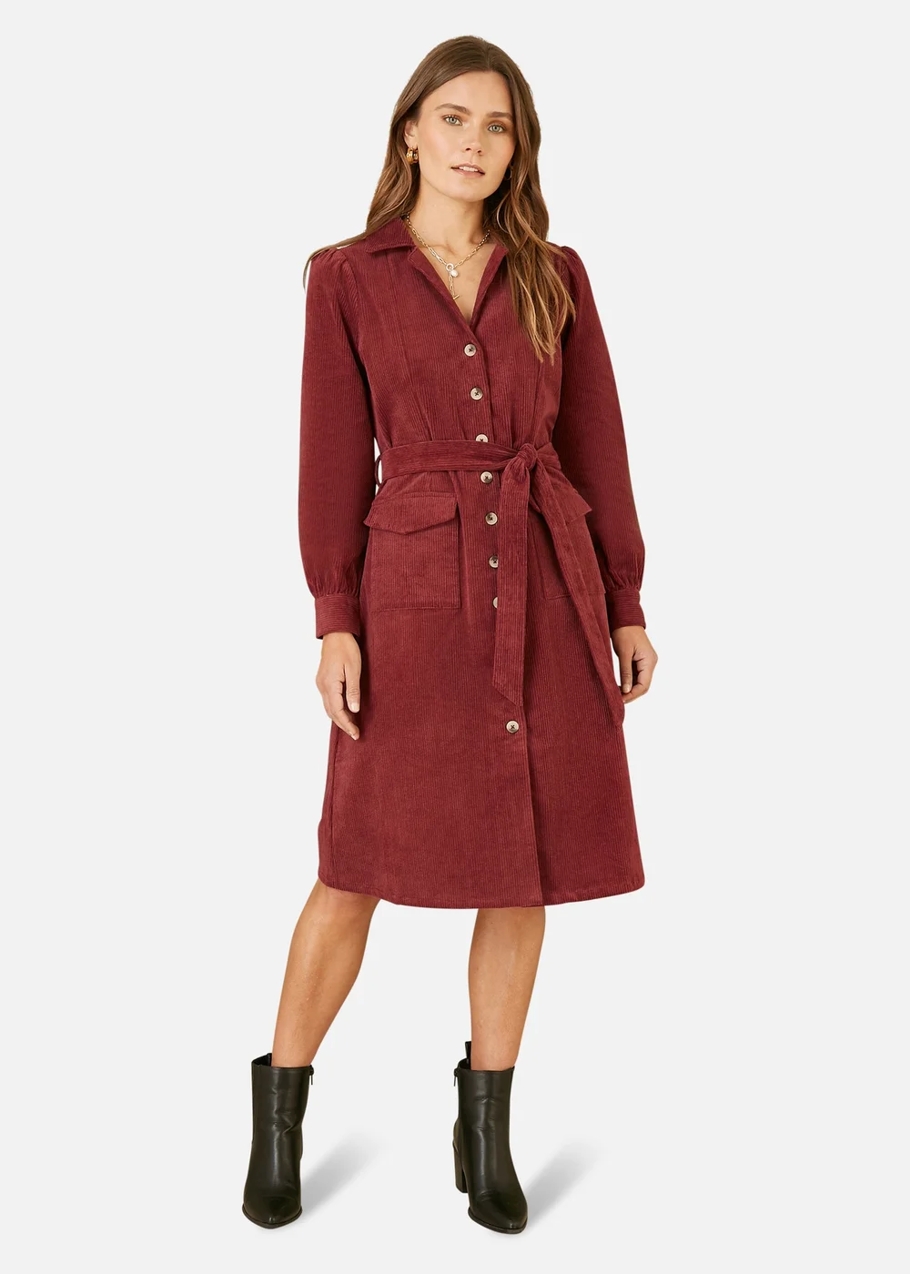 Yumi Burgundy Cord Midi Shirt Dress - Size 8 Image 1