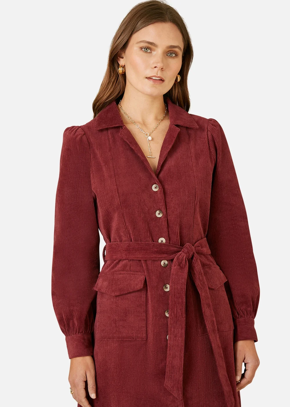 Yumi Burgundy Cord Midi Shirt Dress - Size 8 Image 2