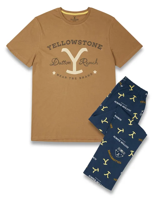 Vanilla Underground Yellowstone Multicoloured Top Short Sleeve Long Leg Pyjama Set - Large Image 1