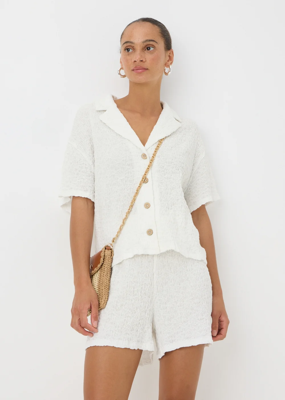 Cream Textured Collar Co Ord Shirt - S Image 1