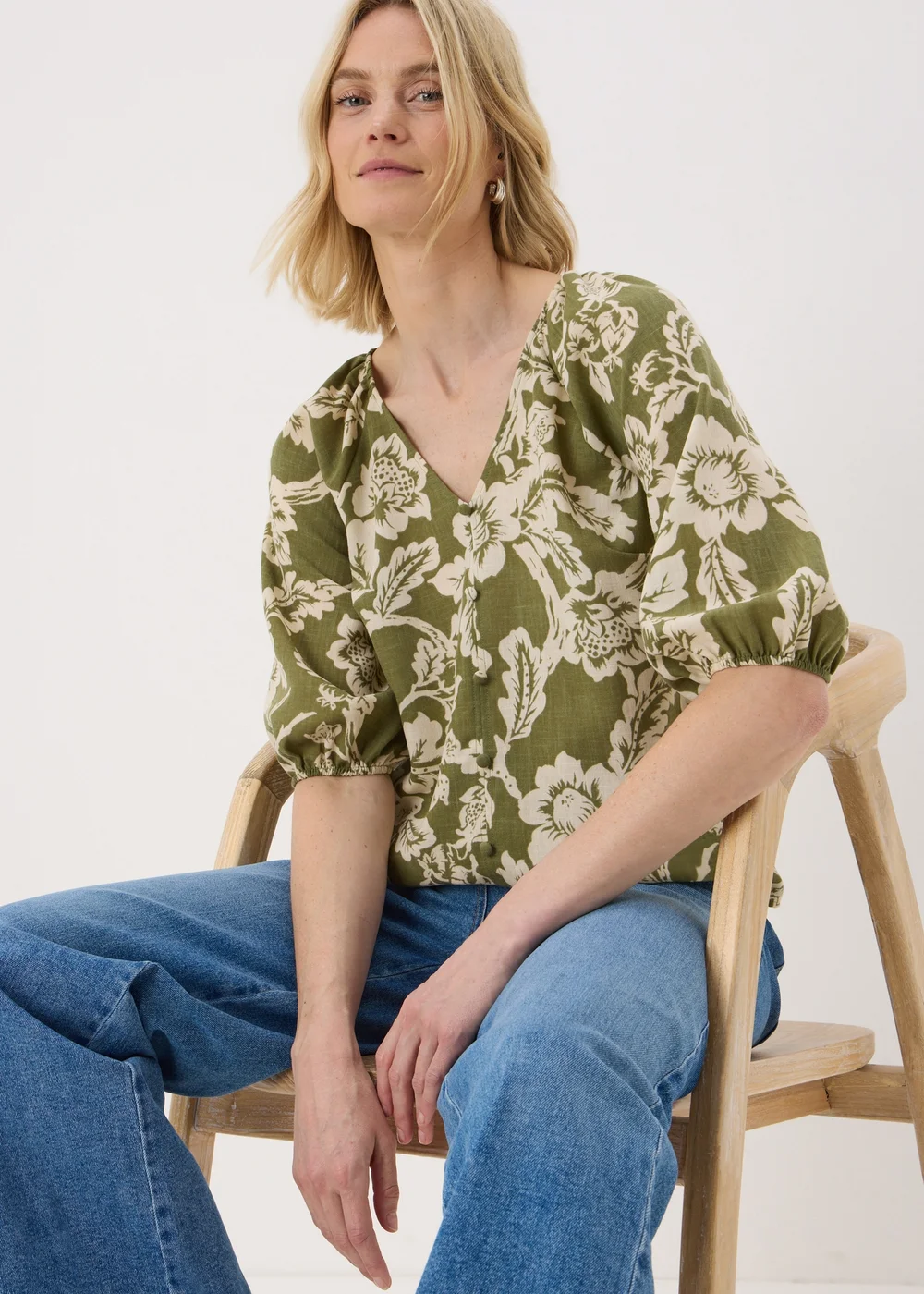 Green Floral V-Neck Tea Top - 8 Image 3