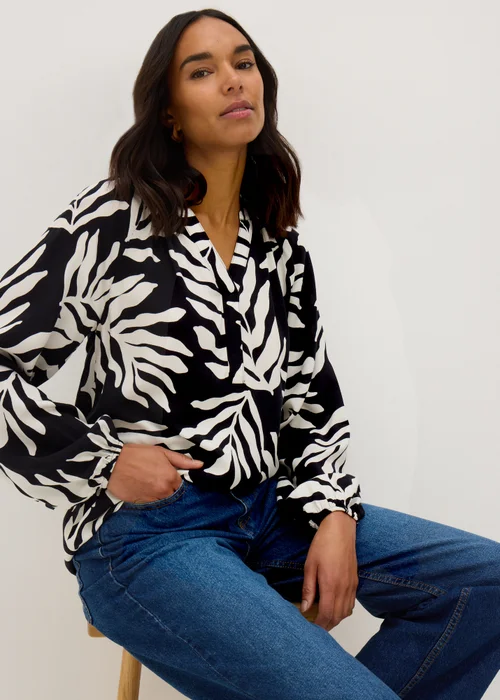 Black Monochrome Leaf V-Neck Blouse - 8 Image 1