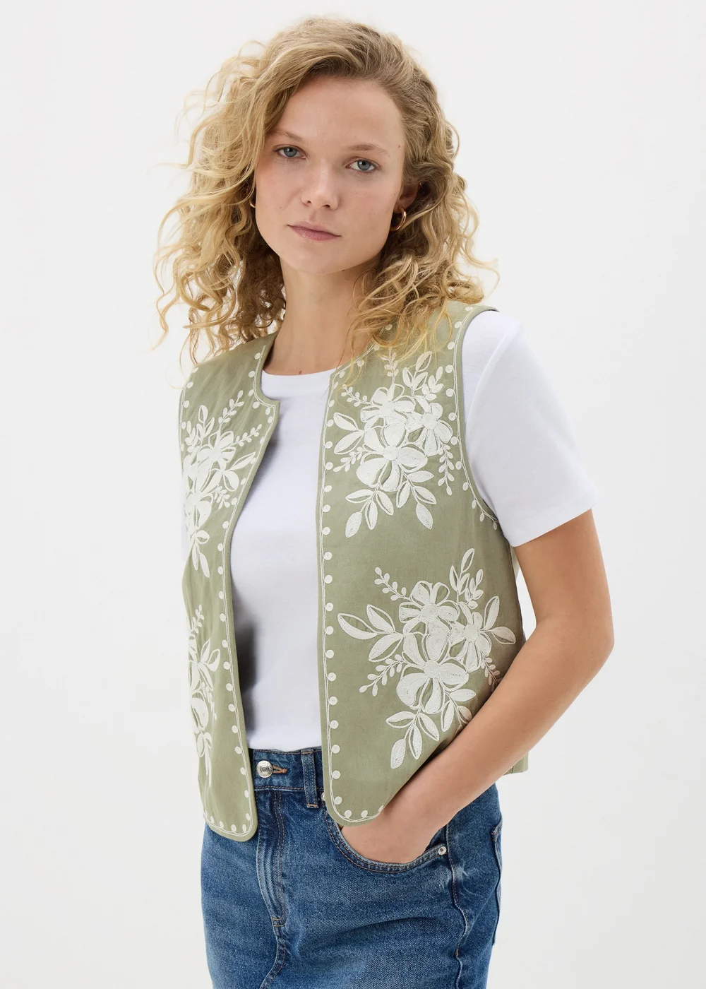 Khaki Embroidered Waistcoat - 8 Image 1