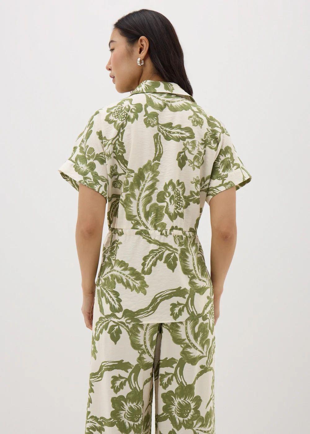 Sage Green Floral Print Tie Waist Longline Shirt - 8 Image 2