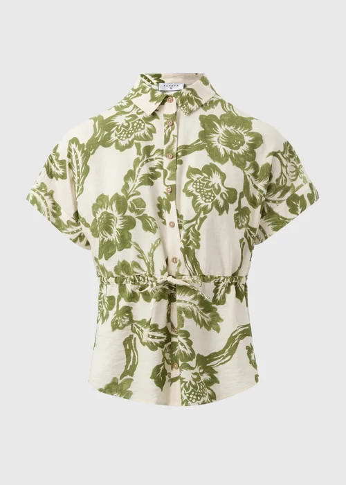 Sage Green Floral Print Tie Waist Longline Shirt - 8 Image 4