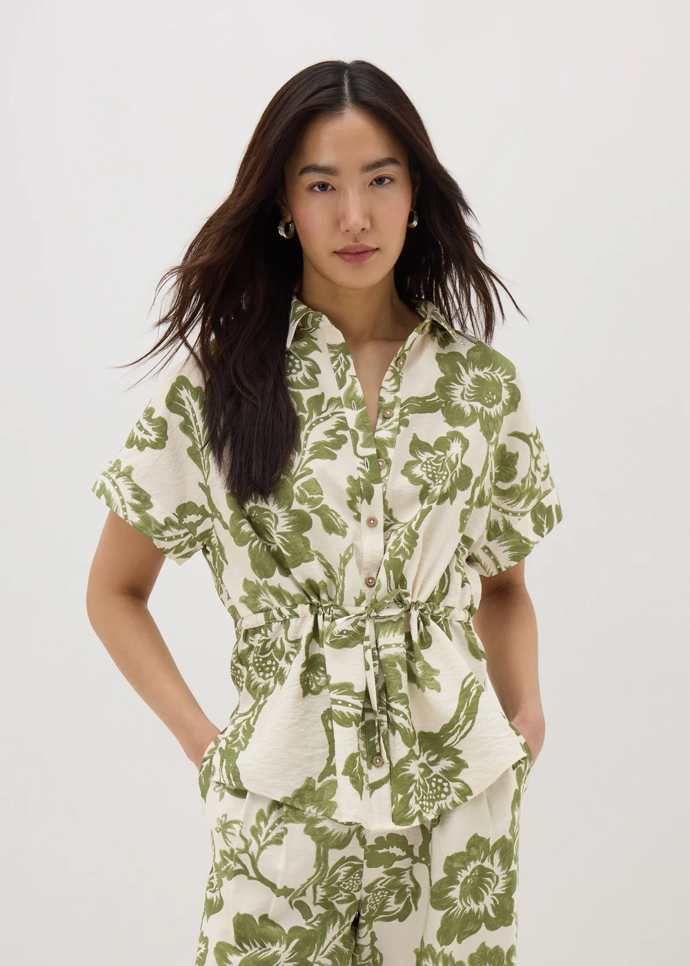 Sage Green Floral Print Tie Waist Longline Shirt - 8 Image 1