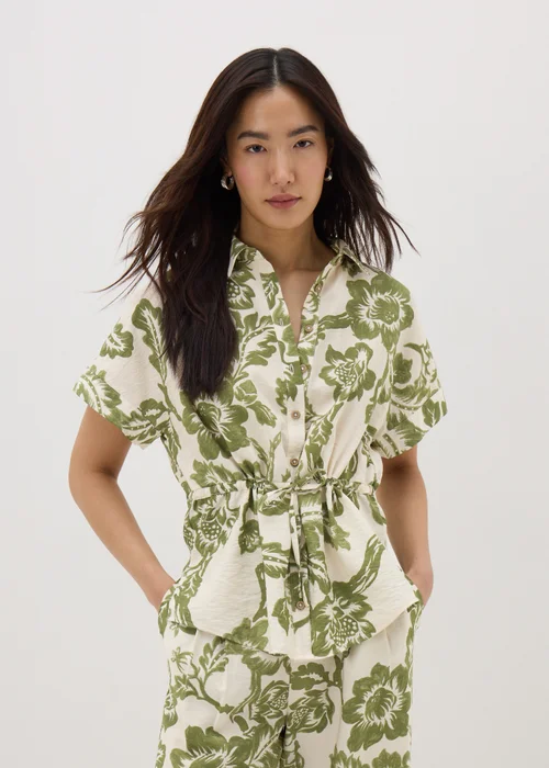 Sage Green Floral Print Tie Waist Longline Shirt - 8 Image 1