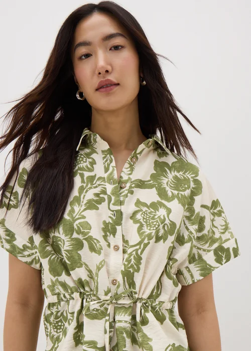 Sage Green Floral Print Tie Waist Longline Shirt - 8 Image 3