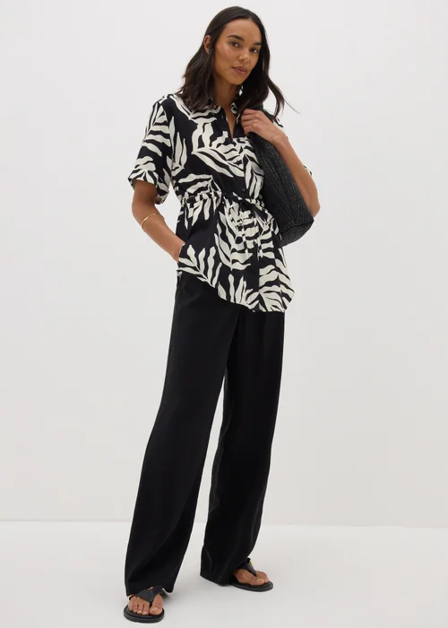 Black Monochrome Leaf Tie Waist Longline Shirt - 8 Image 2