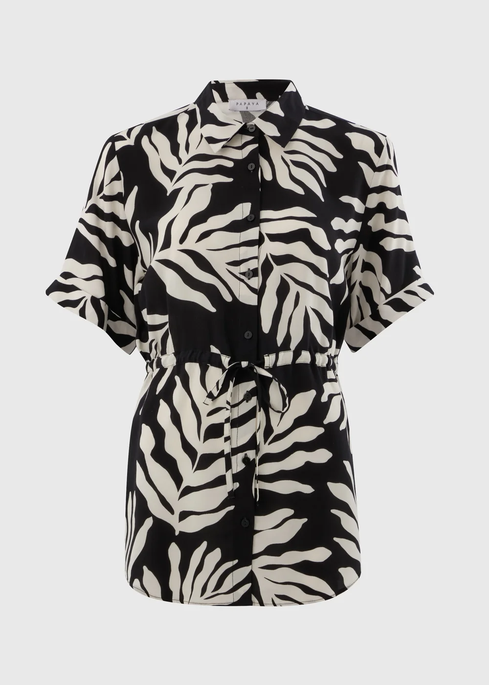 Black Monochrome Leaf Tie Waist Longline Shirt - 8 Image 4
