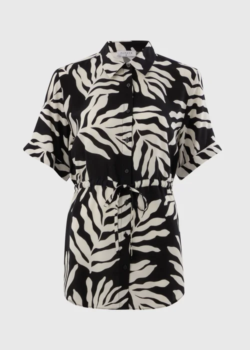 Black Monochrome Leaf Tie Waist Longline Shirt - 8 Image 4