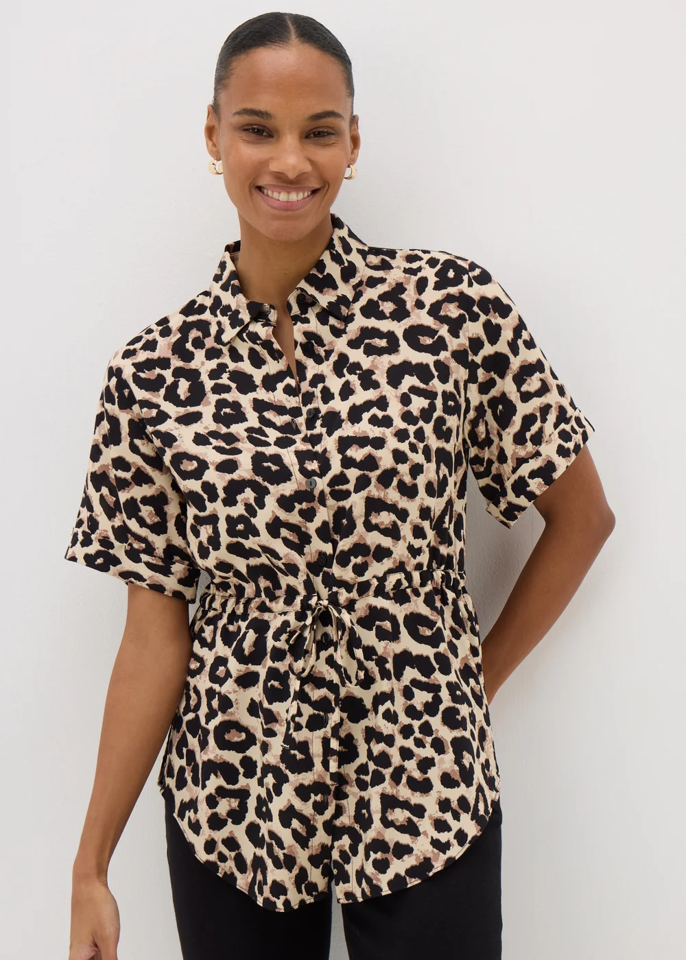 Brown Leopard Print Tie Waist Longline Shirt - 8 Image 2