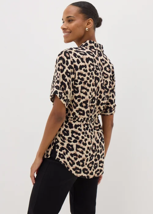 Brown Leopard Print Tie Waist Longline Shirt - 8 Image 3