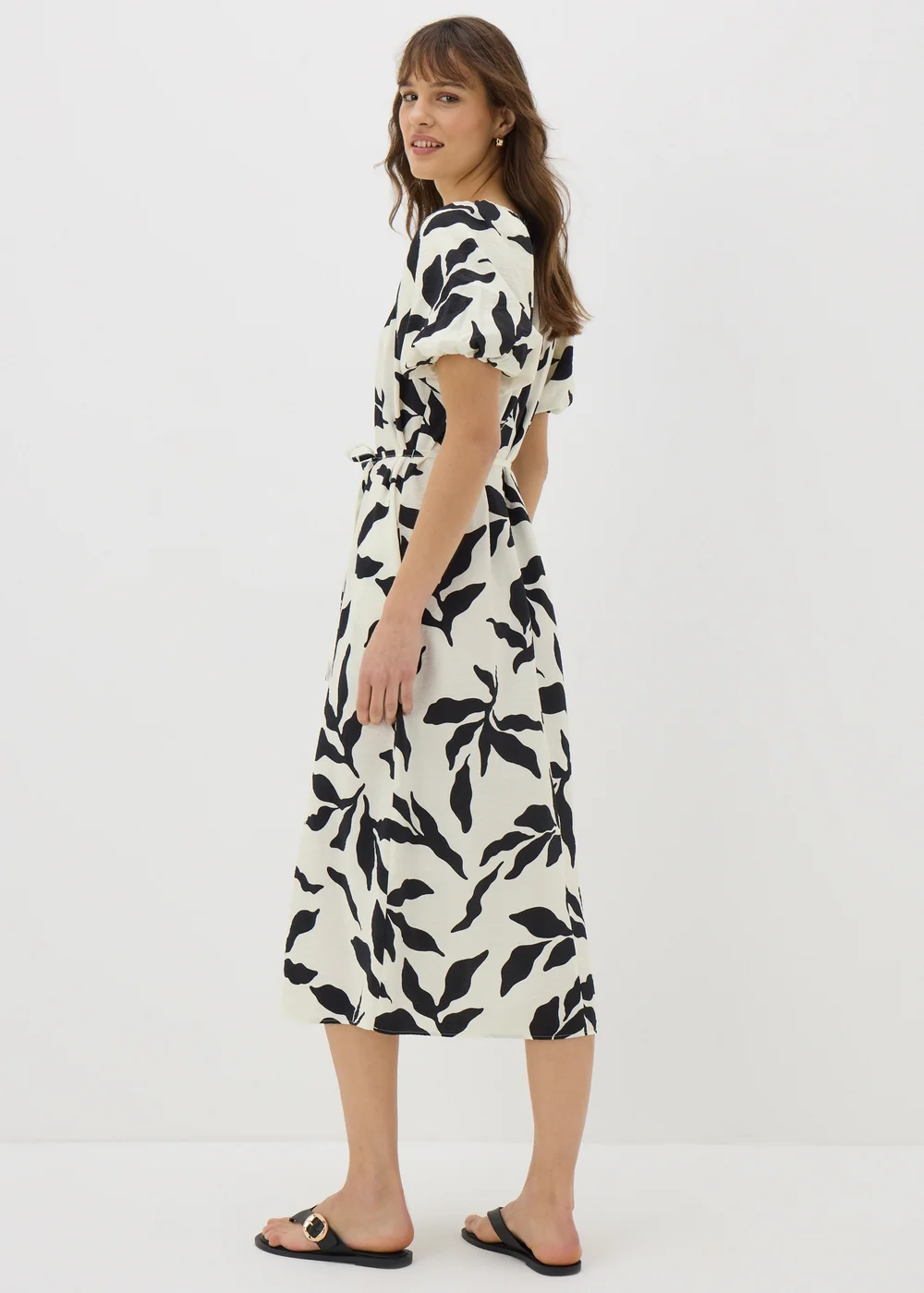 Cream Monochrome Leaf Puff Sleeve Midi Tea Dress - 8 Image 2