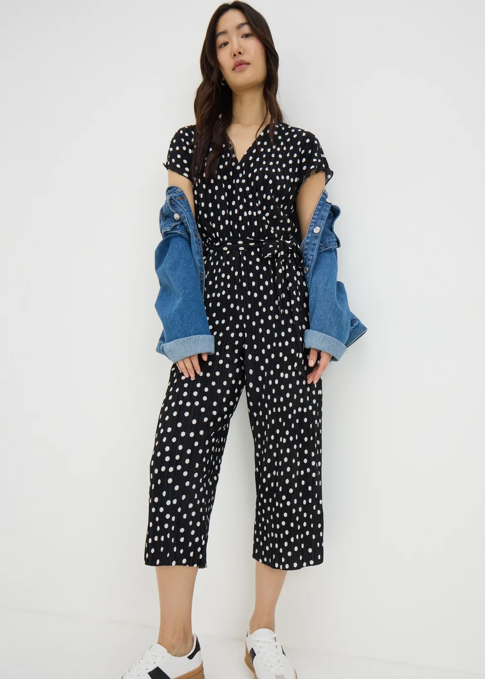 Black Monochrome Spot Plisse Culotte Jumpsuit - 8 Image 1