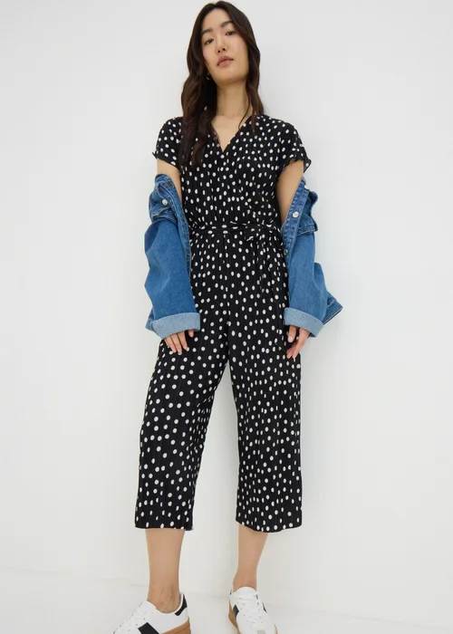 Black Monochrome Spot Plisse Culotte Jumpsuit - 8 Image 1