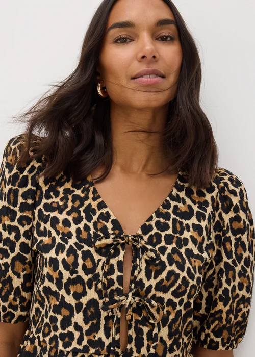 Brown Animal Print Textured Tie Front Top - 8 Image 1