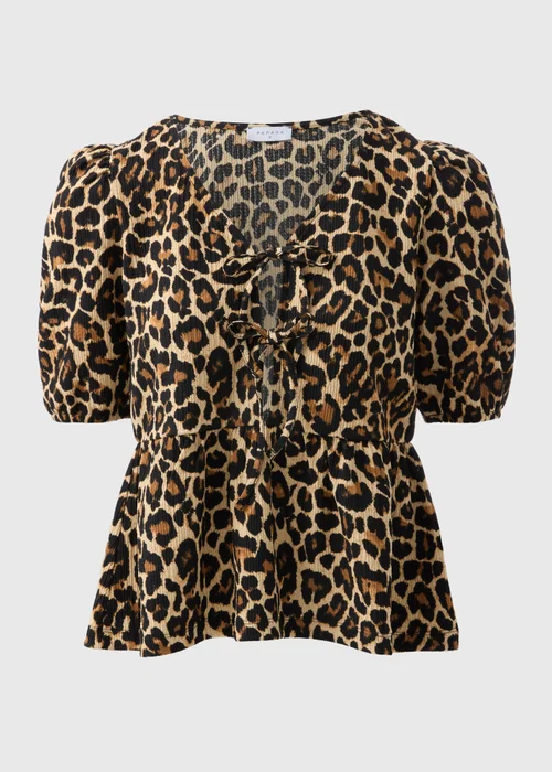 Brown Animal Print Textured Tie Front Top - 8 Image 4