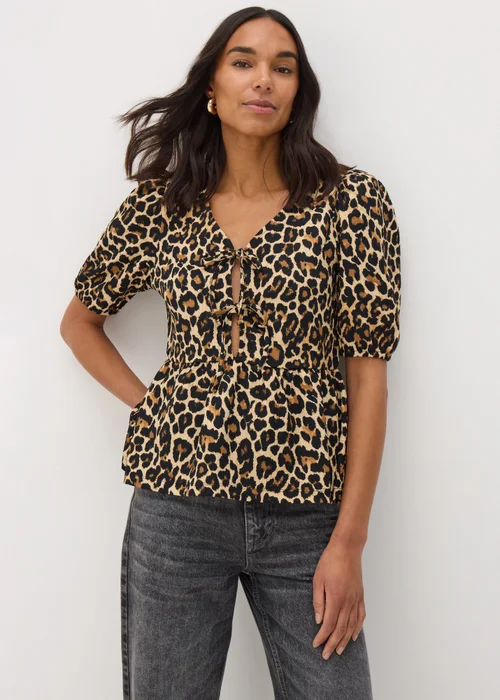 Brown Animal Print Textured Tie Front Top - 8 Image 3