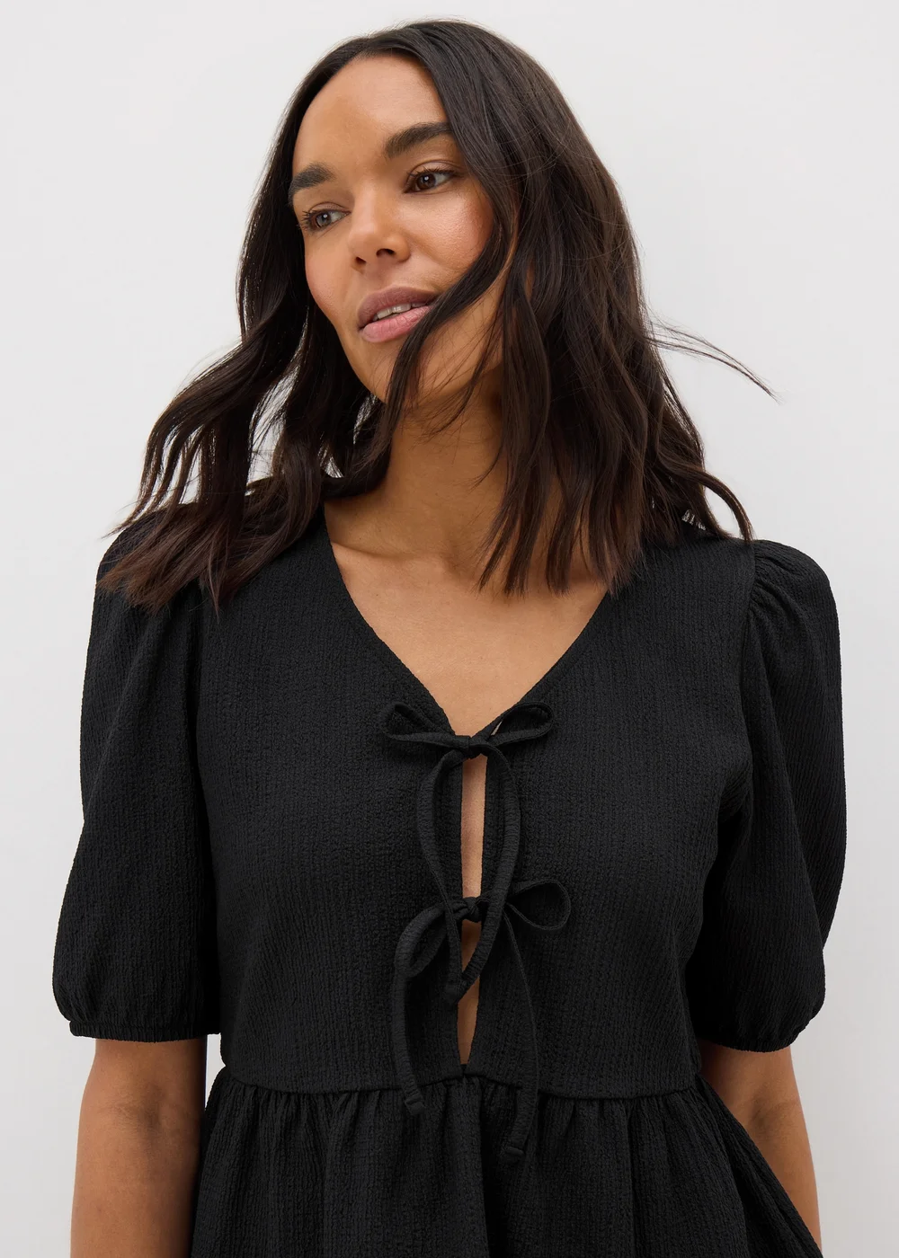 Black Textured Tie Front Top - 8 Image 3