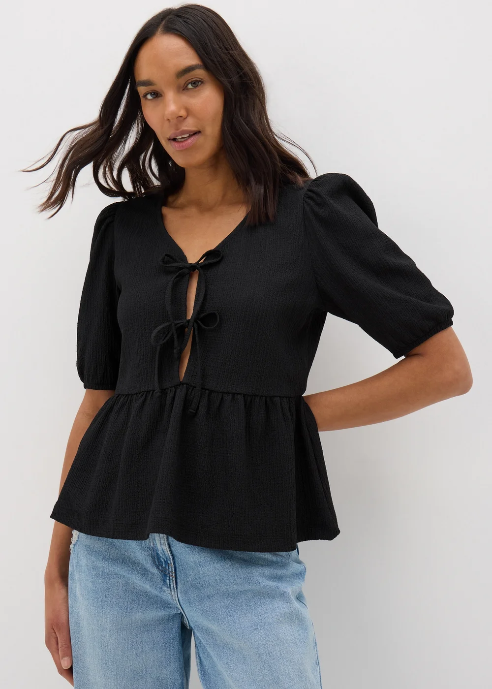 Black Textured Tie Front Top - 8 Image 2