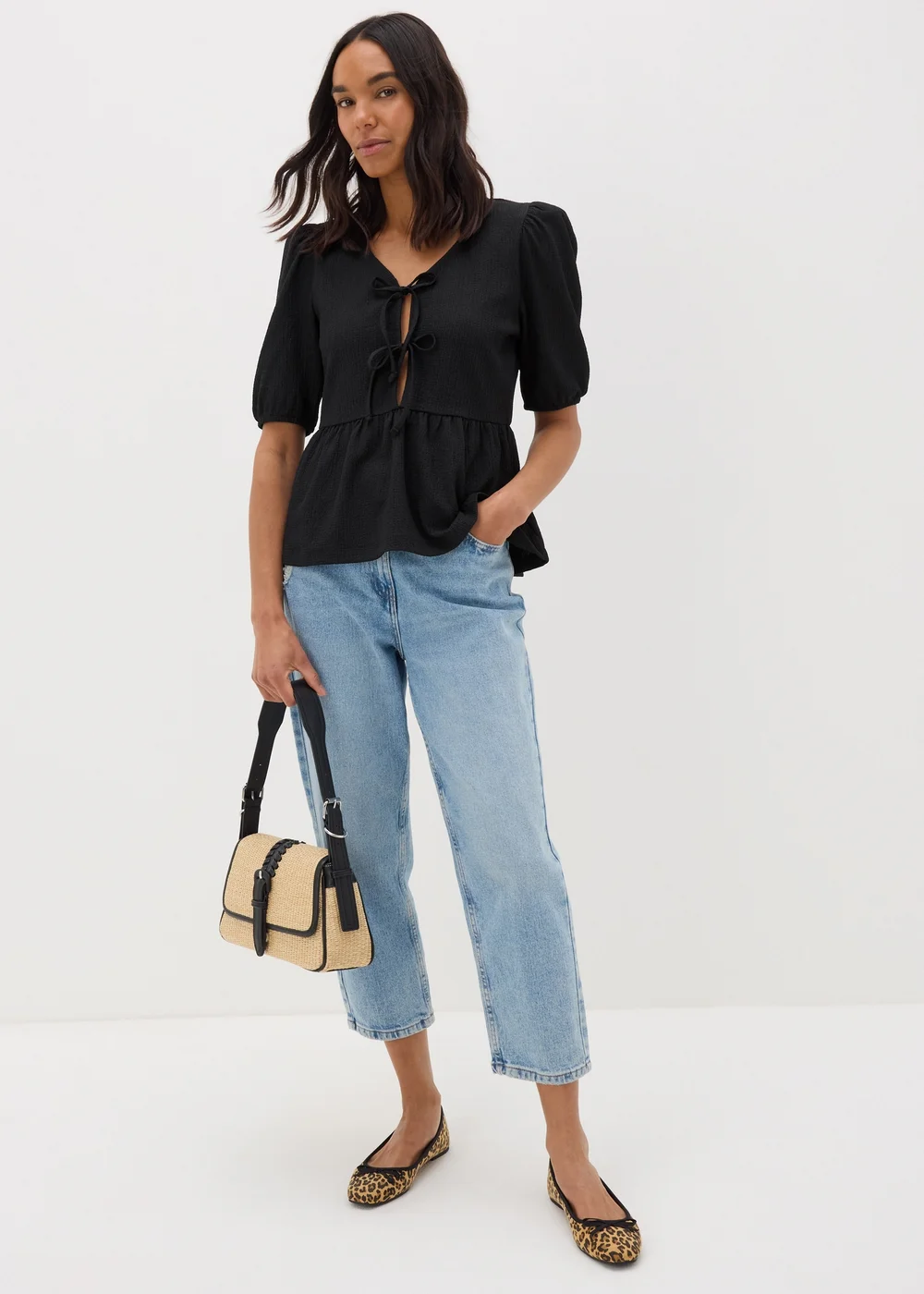 Black Textured Tie Front Top - 8 Image 1