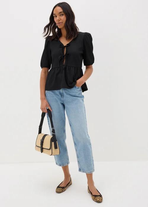 Black Textured Tie Front Top - 8 Image 1