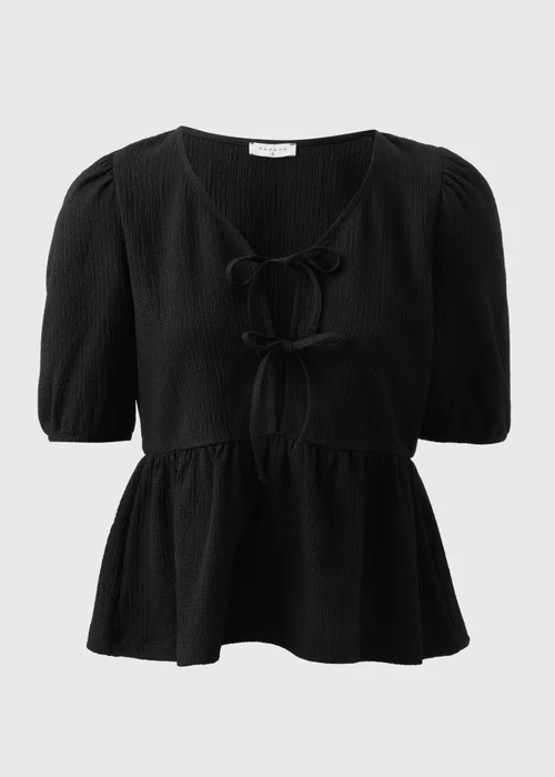 Black Textured Tie Front Top - 8 Image 4