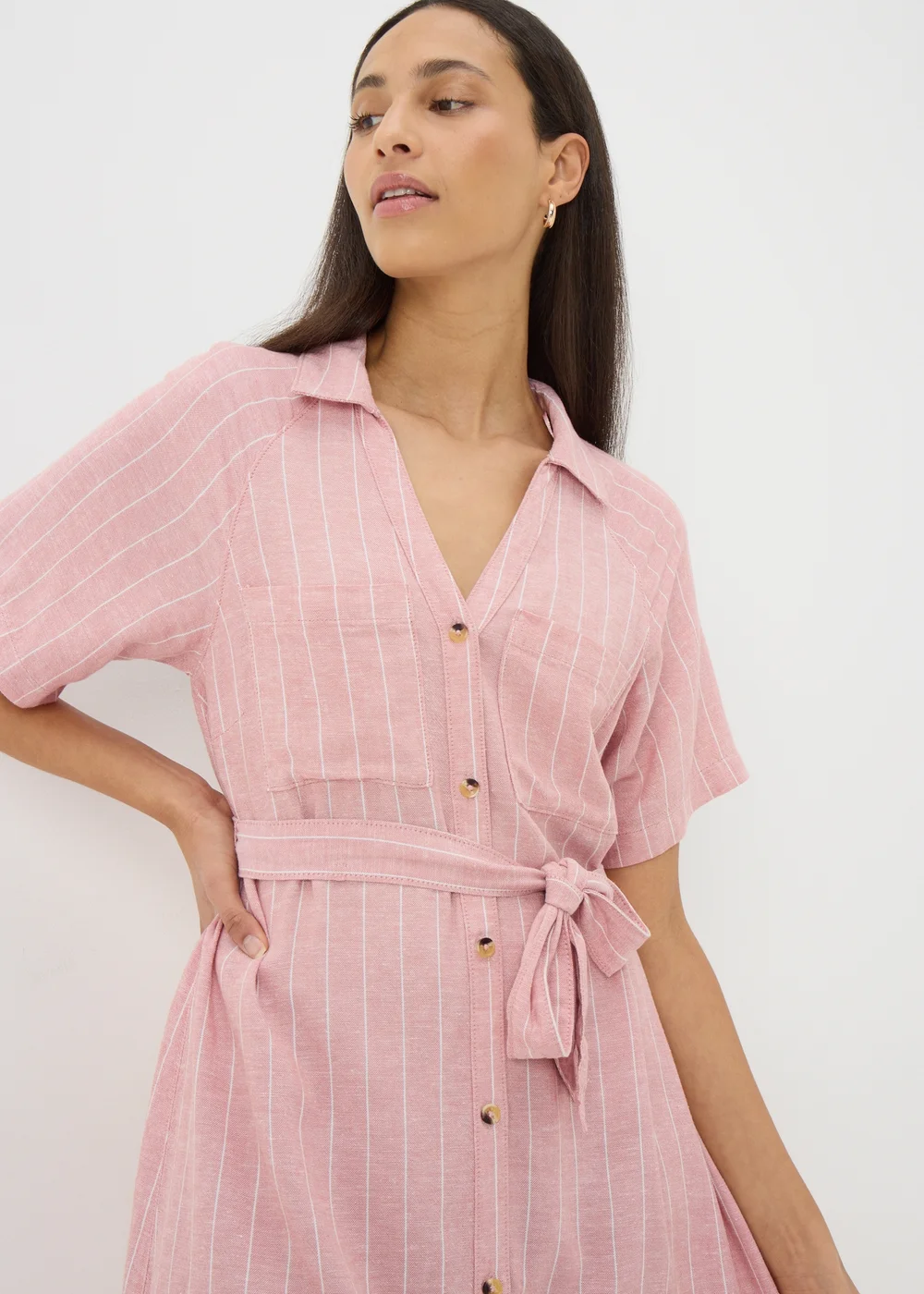 Pink Stripe Linen Blend Midi Shirt Dress - 8 Image 3