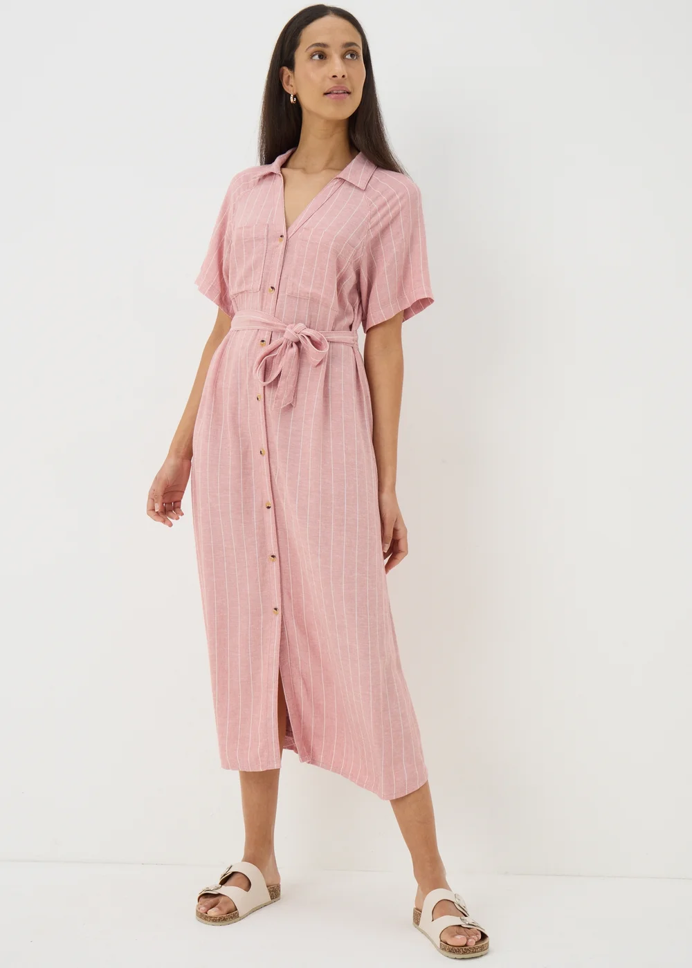 Pink Stripe Linen Blend Midi Shirt Dress - Size 8 | Matalan Pink Stripe Linen Blend Midi Shirt Dress - Size 8 | Matalan