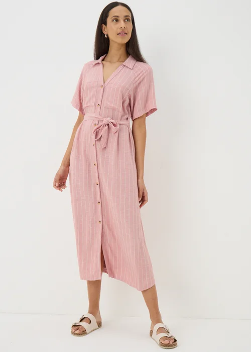 Pink Stripe Linen Blend Midi Shirt Dress - 8 Image 1