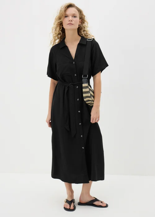 Black Linen Blend Midi Shirt Dress - 8 Image 1