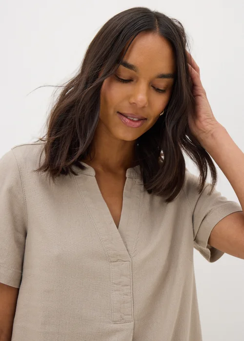 Taupe Linen Blend Shift Dress - 8 Image 2