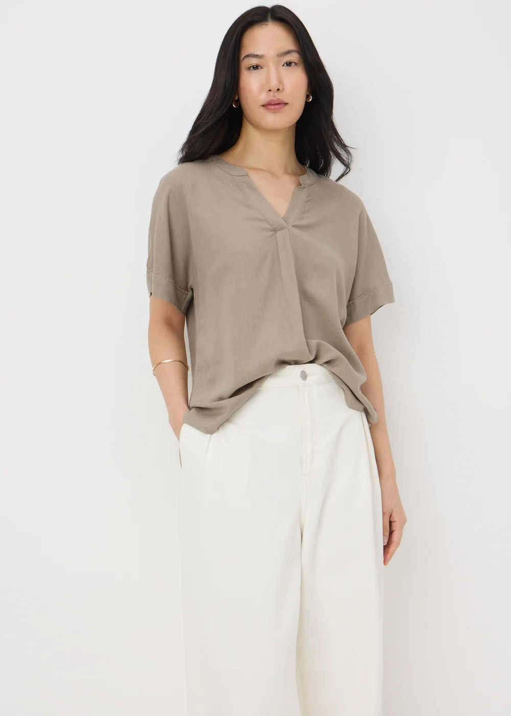 Taupe Linen Blend V-Neck Top - 8 Image 1