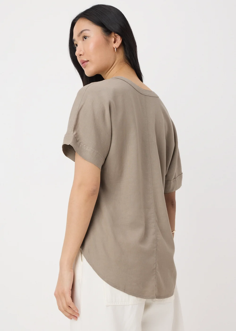 Taupe Linen Blend V-Neck Top - 8 Image 2