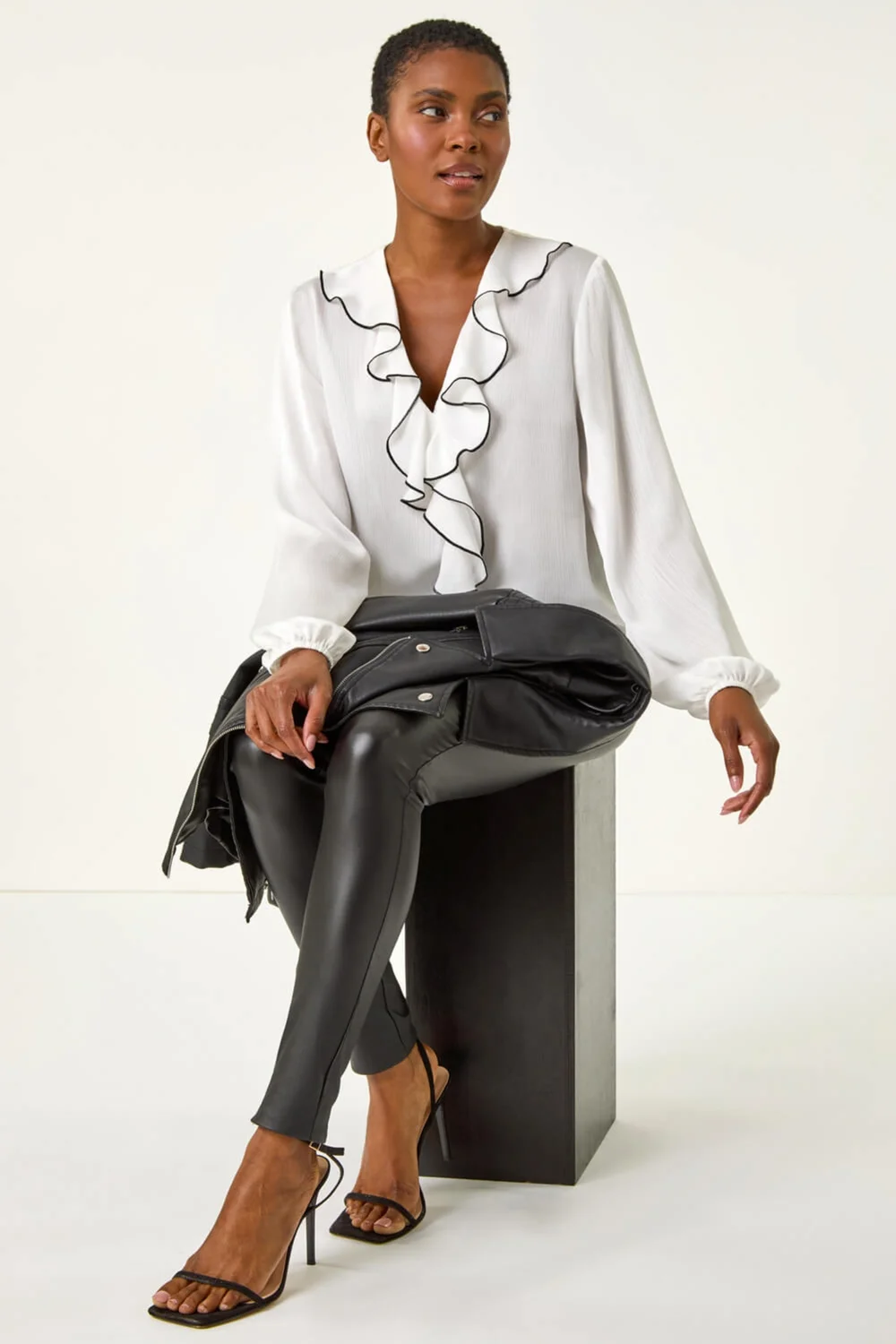 Roman Ivory Ruffle Front V-Neck Satin Blouse - Size 14 Image 3