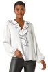 Roman Ivory Ruffle Front V-Neck Satin Blouse - Size 14 Image 1
