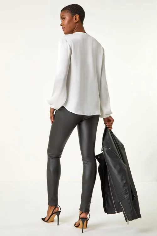 Roman Ivory Ruffle Front V-Neck Satin Blouse - Size 14 Image 4