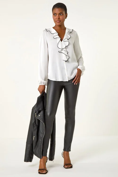 Roman Ivory Ruffle Front V-Neck Satin Blouse - Size 14 Image 2