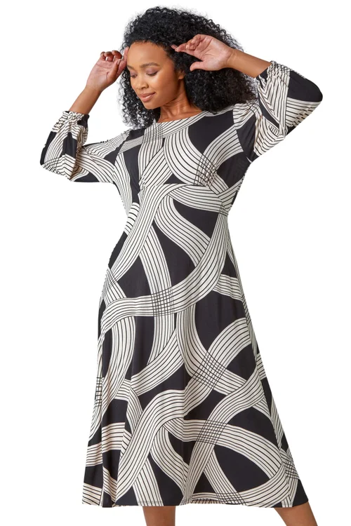 Roman Black Petite Linear Print Midi Stretch Dress - 20 Image 1