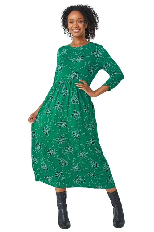 Roman Green Petite Floral Print Stretch Midi Dress - 6 Image 1