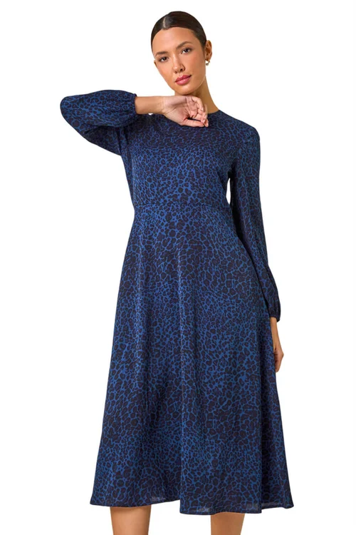 Roman Royal Blue Animal Print Fit & Flare Midi Dress - 10 Image 1