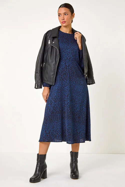 Roman Royal Blue Animal Print Fit & Flare Midi Dress - 10 Image 3