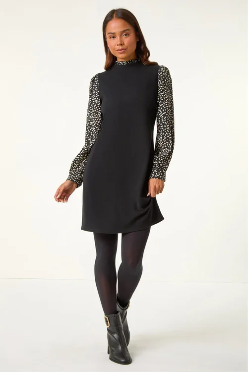 Roman Black Petite Contrast Frill Neck Stretch Dress - 8 Image 3