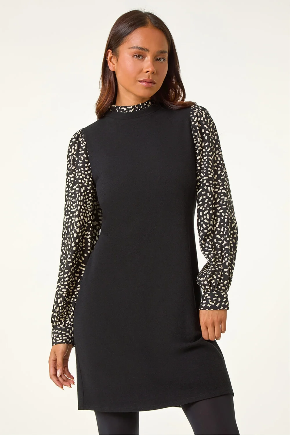 Roman Black Petite Contrast Frill Neck Stretch Dress - 8 Image 2