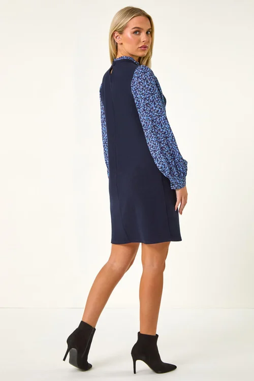 Roman Navy Petite Contrast Frill Neck Stretch Dress - 16 Image 3