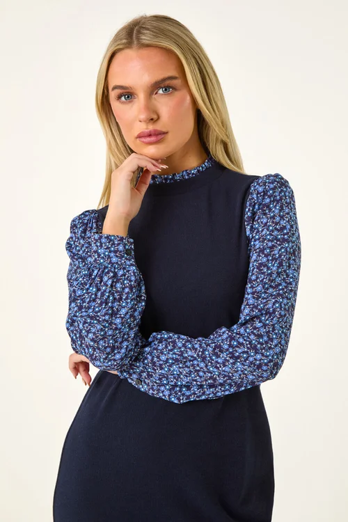 Roman Navy Petite Contrast Frill Neck Stretch Dress - 16 Image 4