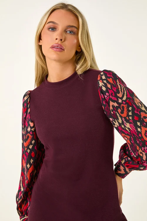 Roman Burgundy Petite 2 in 1 Contrast Print Shift Dress - 8 Image 4